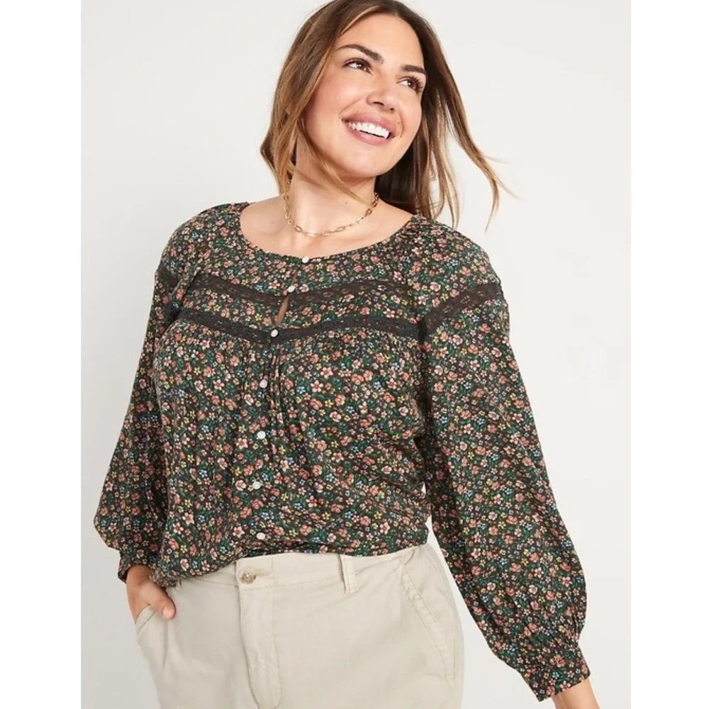 Old Navy Long-Sleeve Lace-Trimmed Floral Print Blouse Womens Sz 4X Bohemian Boho - Picture 1 of 14